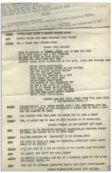 Moe Howard's 5pp. Script for the Sketch ''We're Three Bum Vivants'', With Shemp, Circa Early 1950s -- Notated by Moe -- Pages Measures 8.5'' x 11'' Except Last Measures 8.5'' x 7.25'' -- Very Good